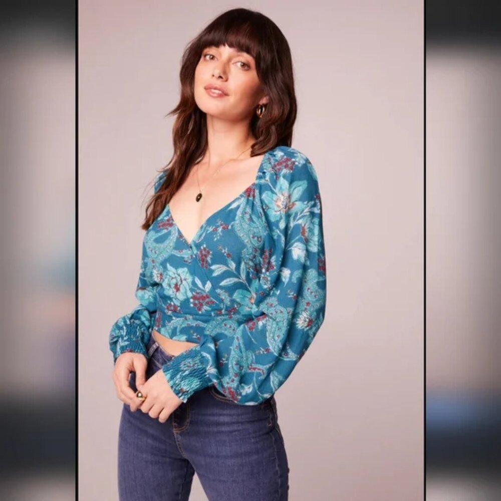 Floral Wrap V-Neck Blouse in Teal - Picture 1 of 1